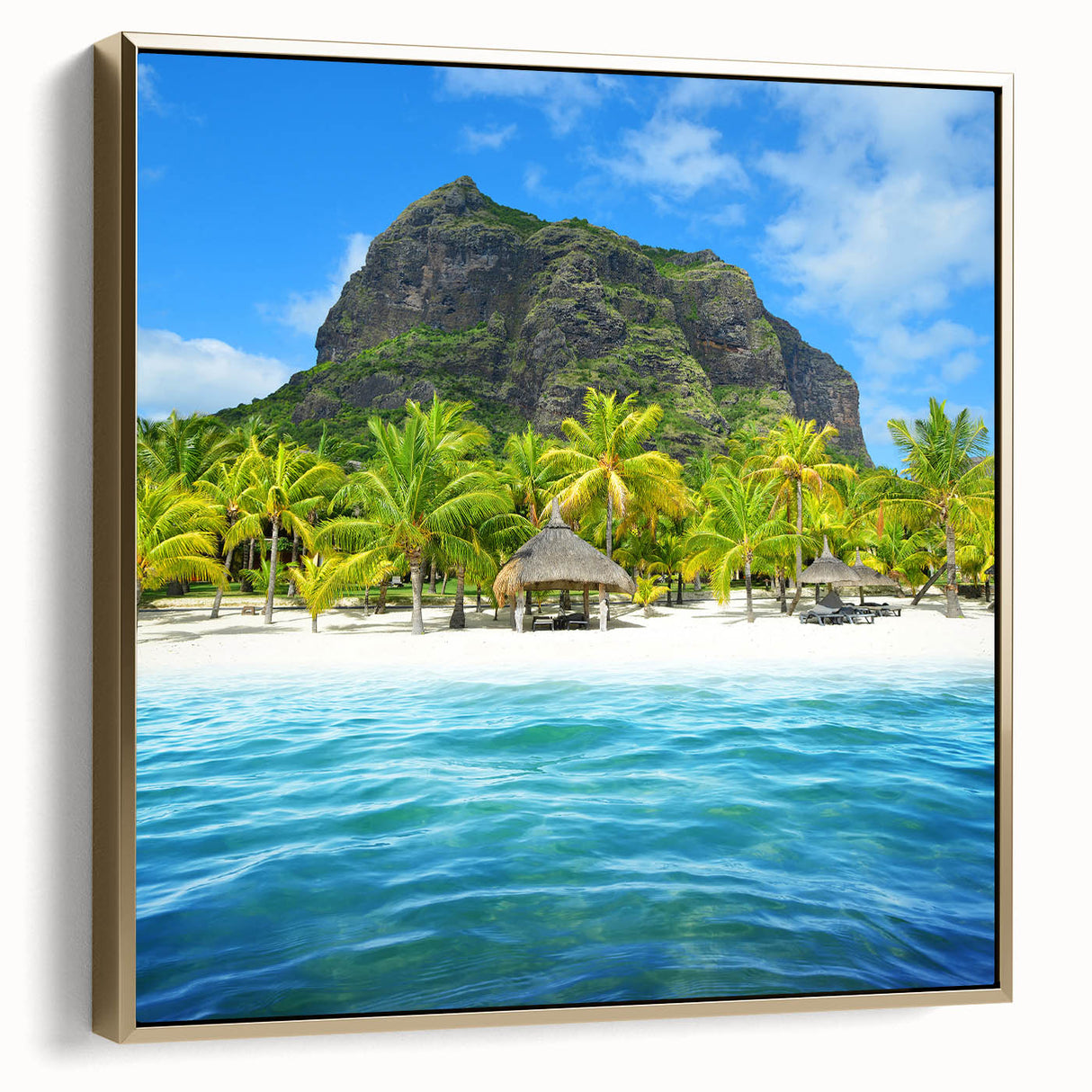 Landscape art painting of a scenic Mauritius view in silver and gold tones on a framed canvas, ideal for living room decor.