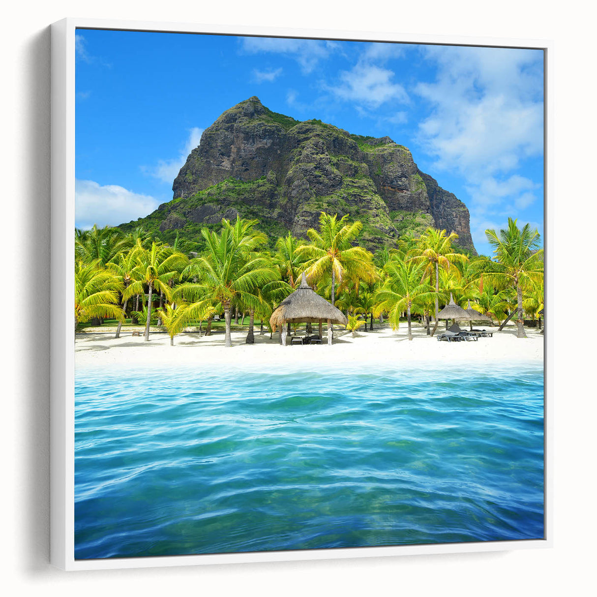 Framed canvas depicting a serene Mauritian landscape in muted earth tones, ideal for bedroom wall art.
