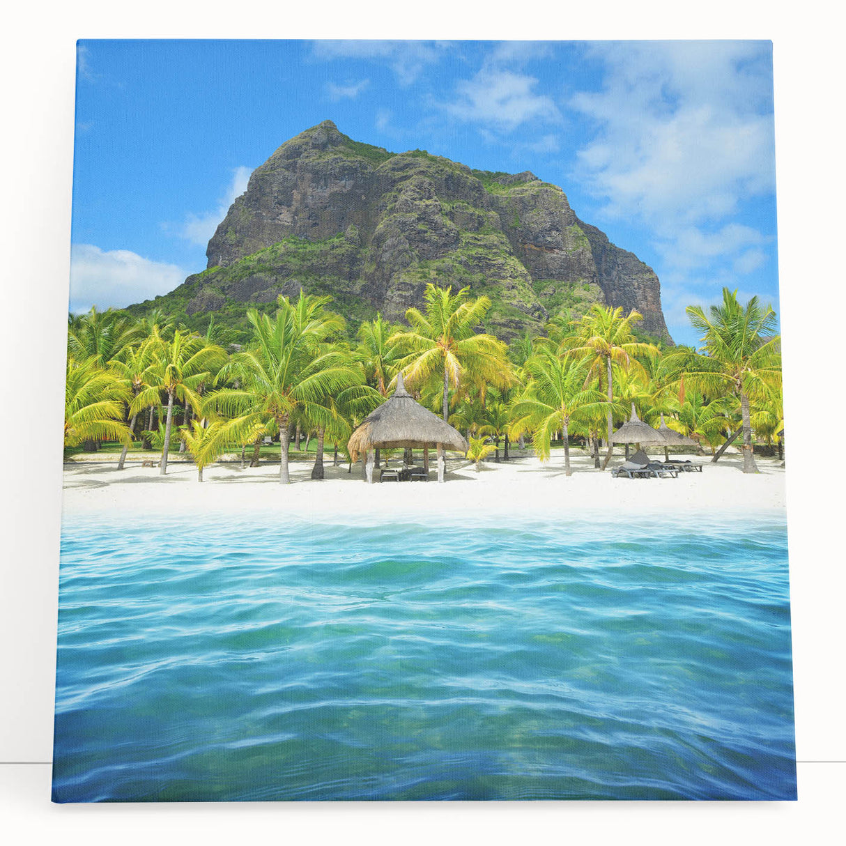 Black and white stretched canvas featuring a serene Mauritius landscape, ideal for kitchen wall art or bedroom ambiance.