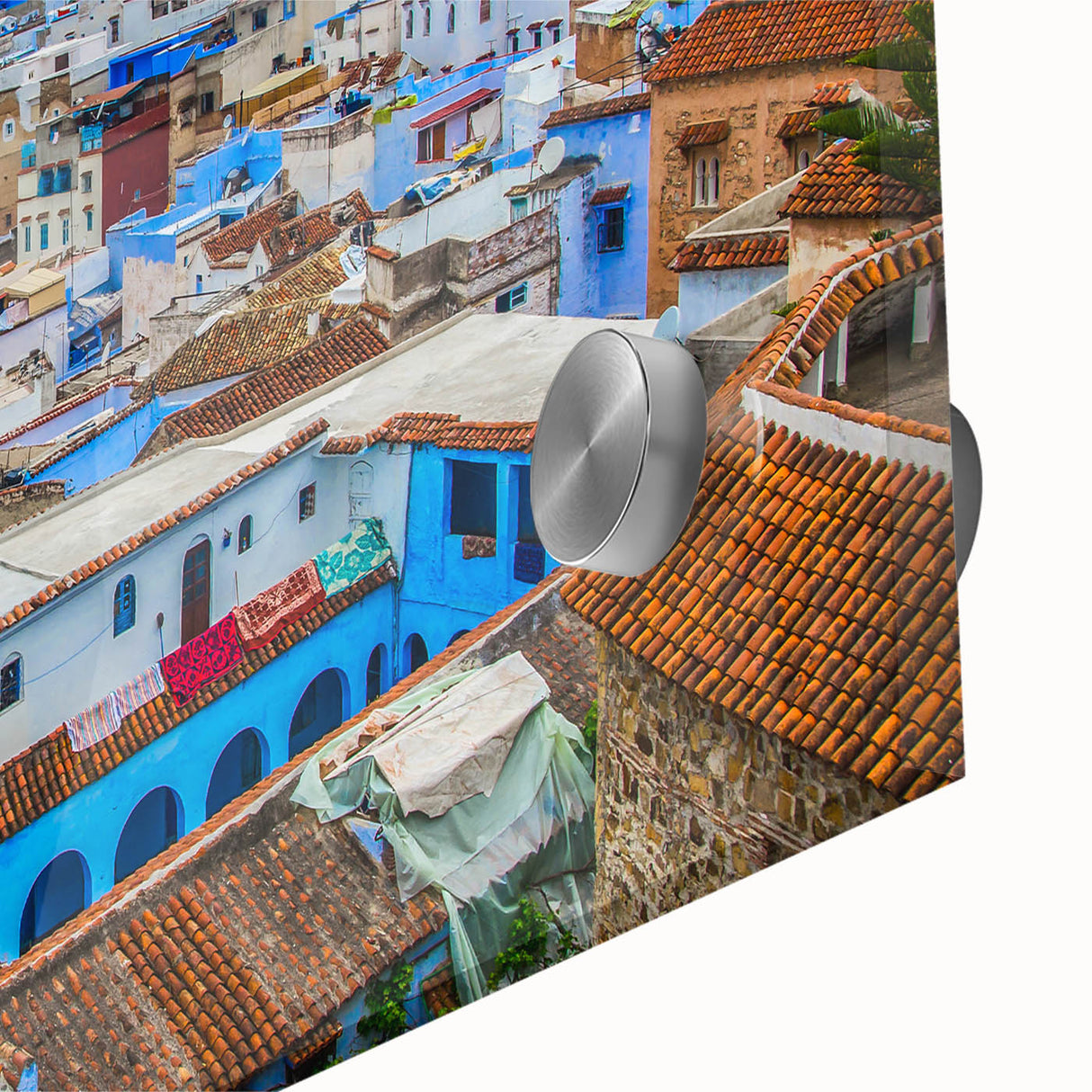 Large abstract wall art depicting a Moroccan landscape in earthy tones on acrylic glass, suitable for dining room decor.