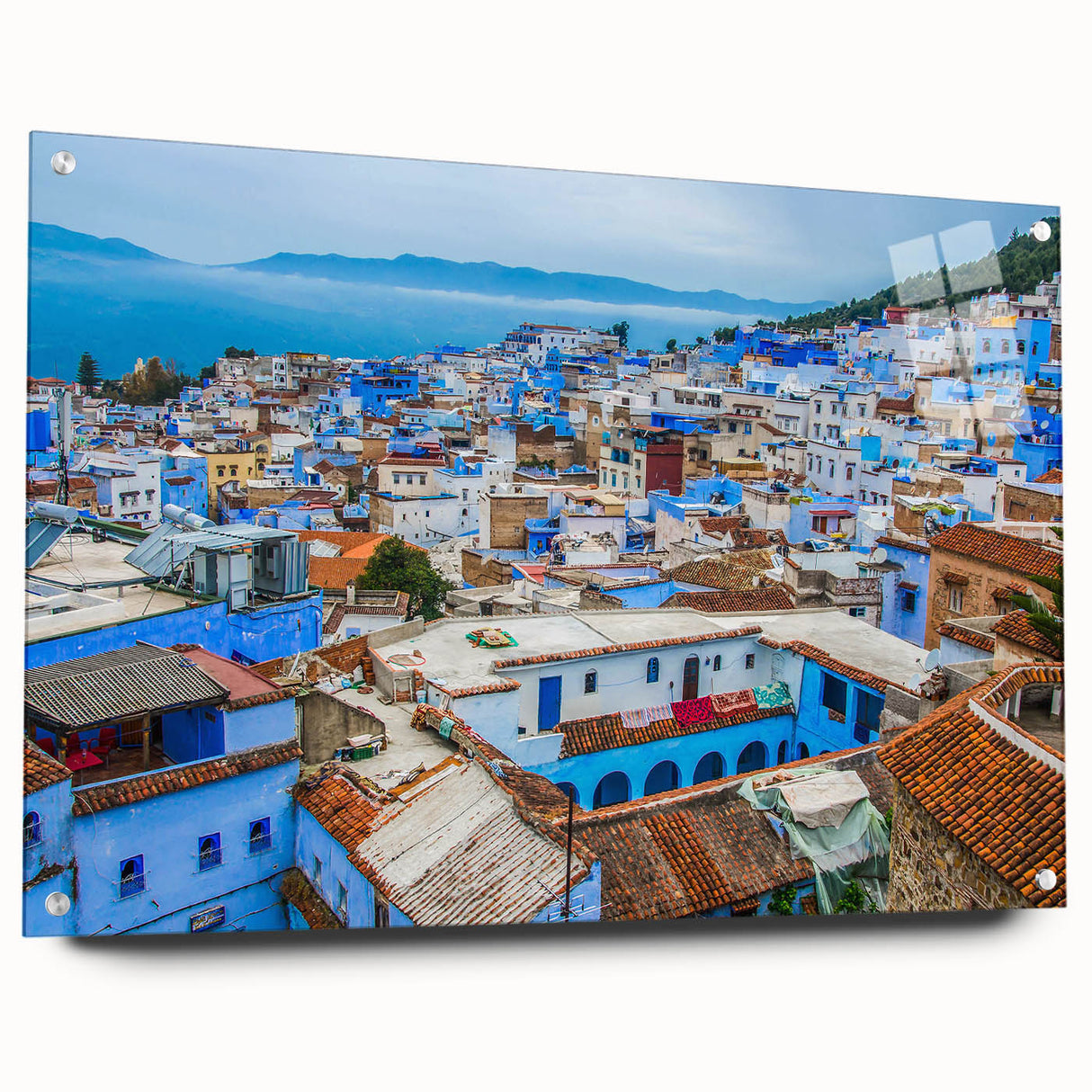 Acrylic print of a Moroccan landscape in muted earth tones, suitable for bedroom or dining room decor.