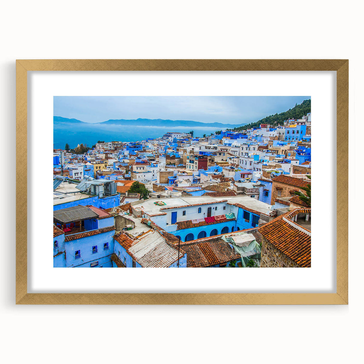 Textured abstract art print of a Moroccan landscape in earthy tones on a framed canvas, suitable for bedroom decor.