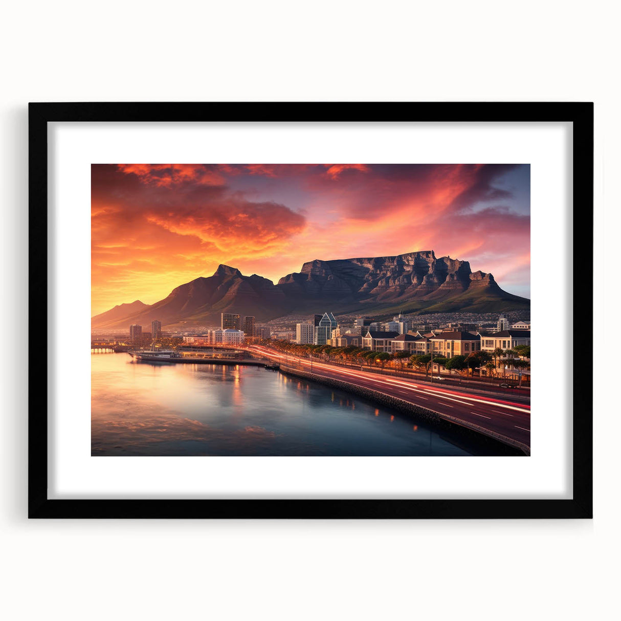 Extra large abstract art print of a colorful African landscape, textured on a black framed canvas.