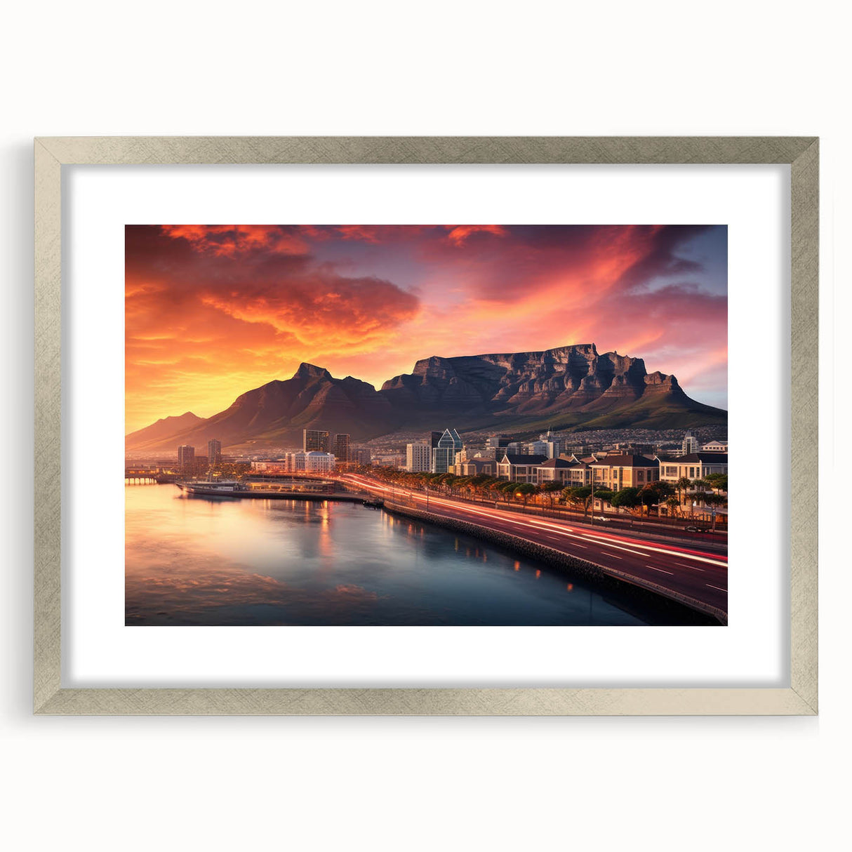 Extra large abstract art print depicting a textured African landscape in earth tones, framed in silver.