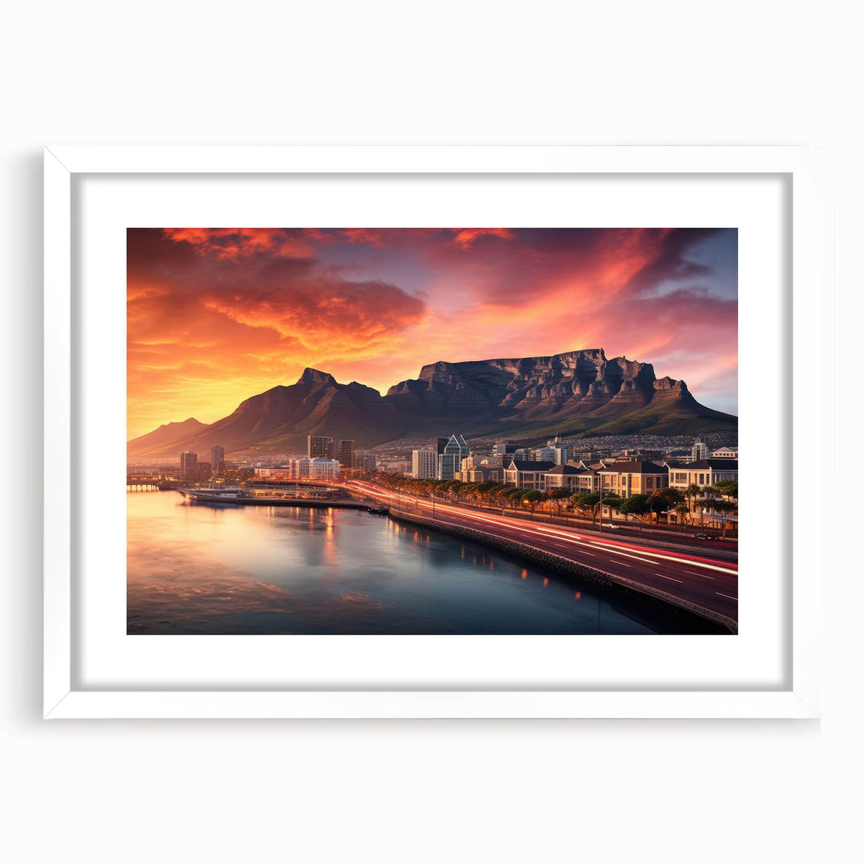 Textured abstract art print depicting South African scenery in earthy tones, framed in white, suitable for bedroom decor.