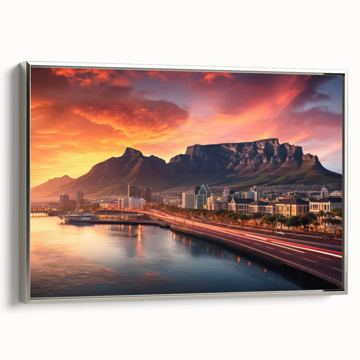 Framed canvas featuring a vintage-style African landscape with colorful art and black accents, ideal for living room decor.