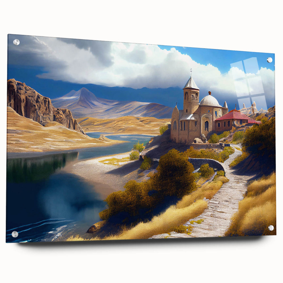 Large abstract wall art depicting vibrant Asian scenery on acrylic glass, ideal for bedroom or dining room decor.