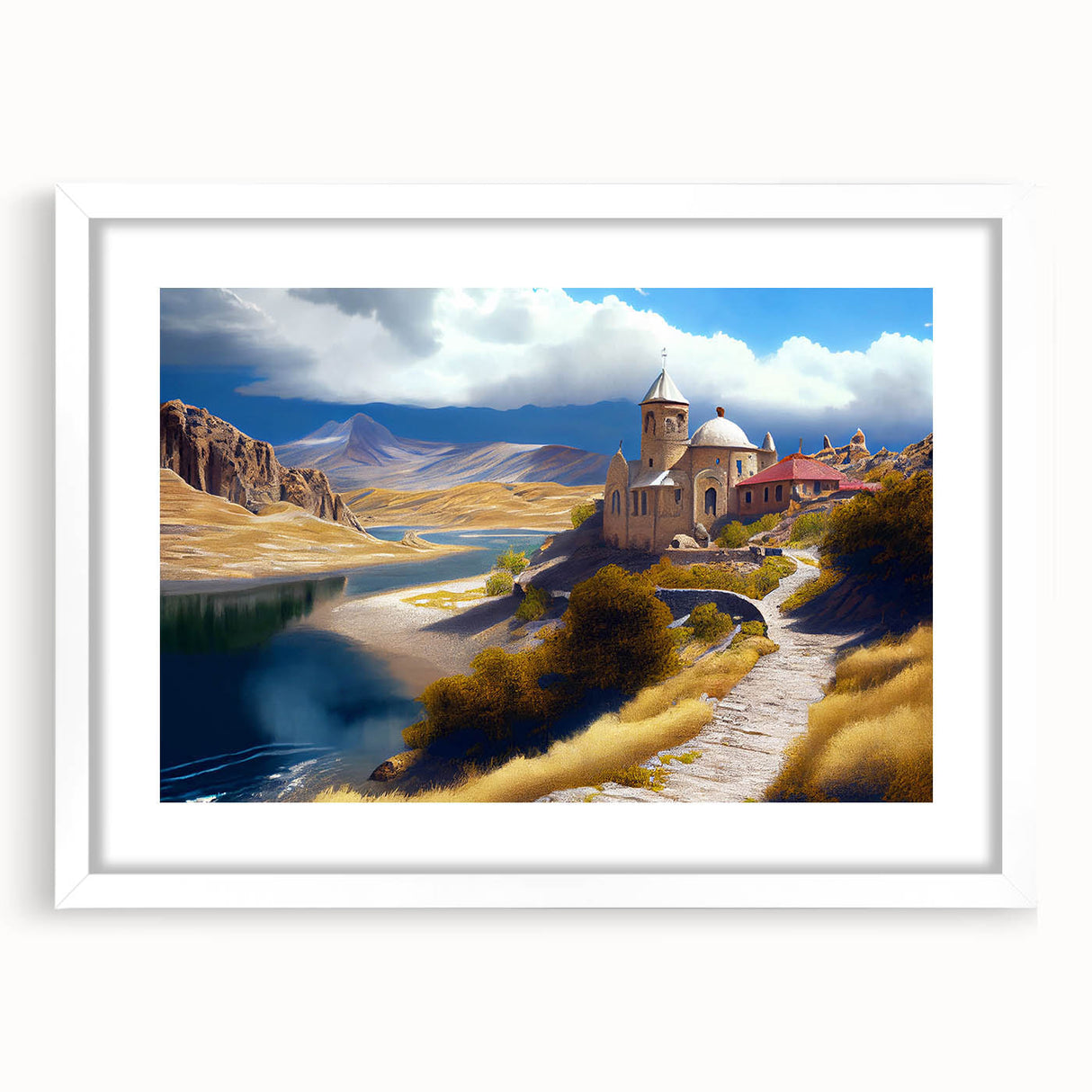 Abstract art print featuring a dynamic mix of bold colors on a framed white mat, ideal for dining room decor.