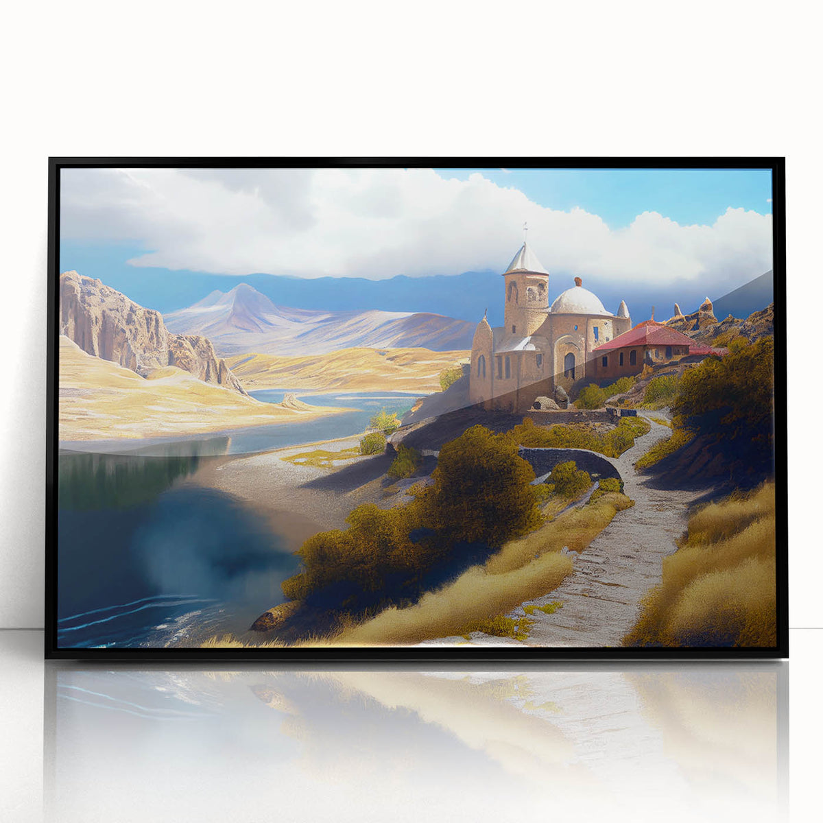 Large abstract wall art depicting an Asian landscape in muted earth tones on a framed acrylic panel.