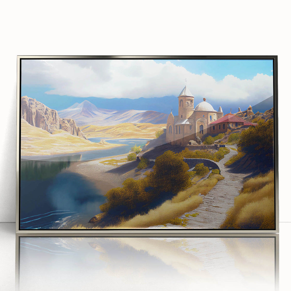 Mid-century modernist art depicting Azerbaijan scenery in muted earth tones on a silver-framed acrylic print.