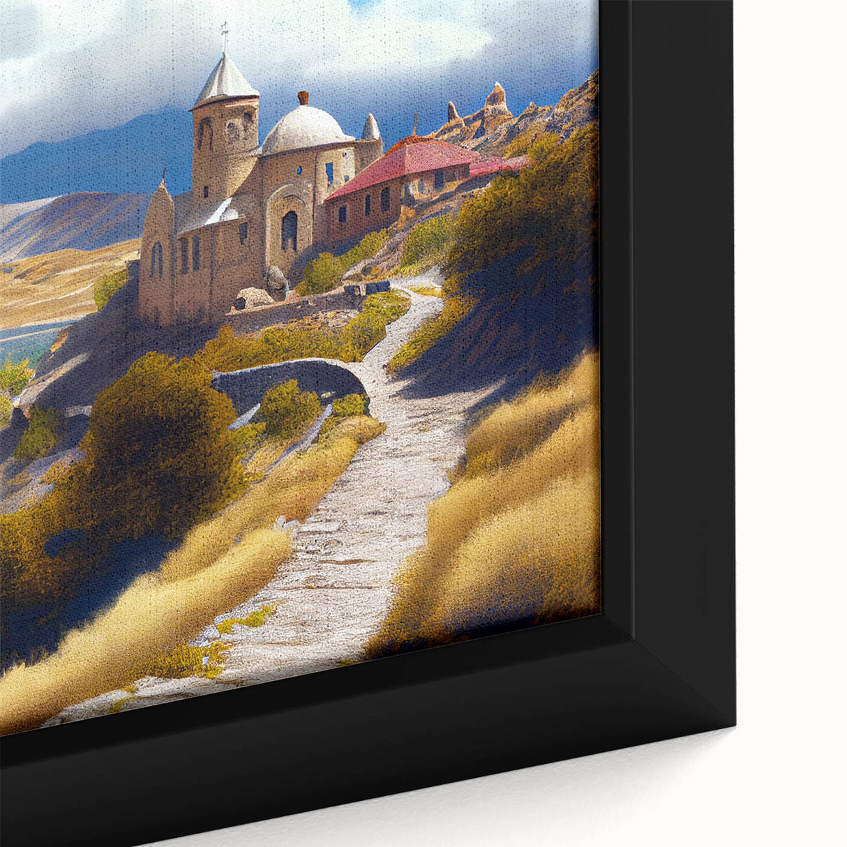 Close-up of extra-large black wall art on canvas featuring a textured, colorful Asian-Azerbaijani scenery.