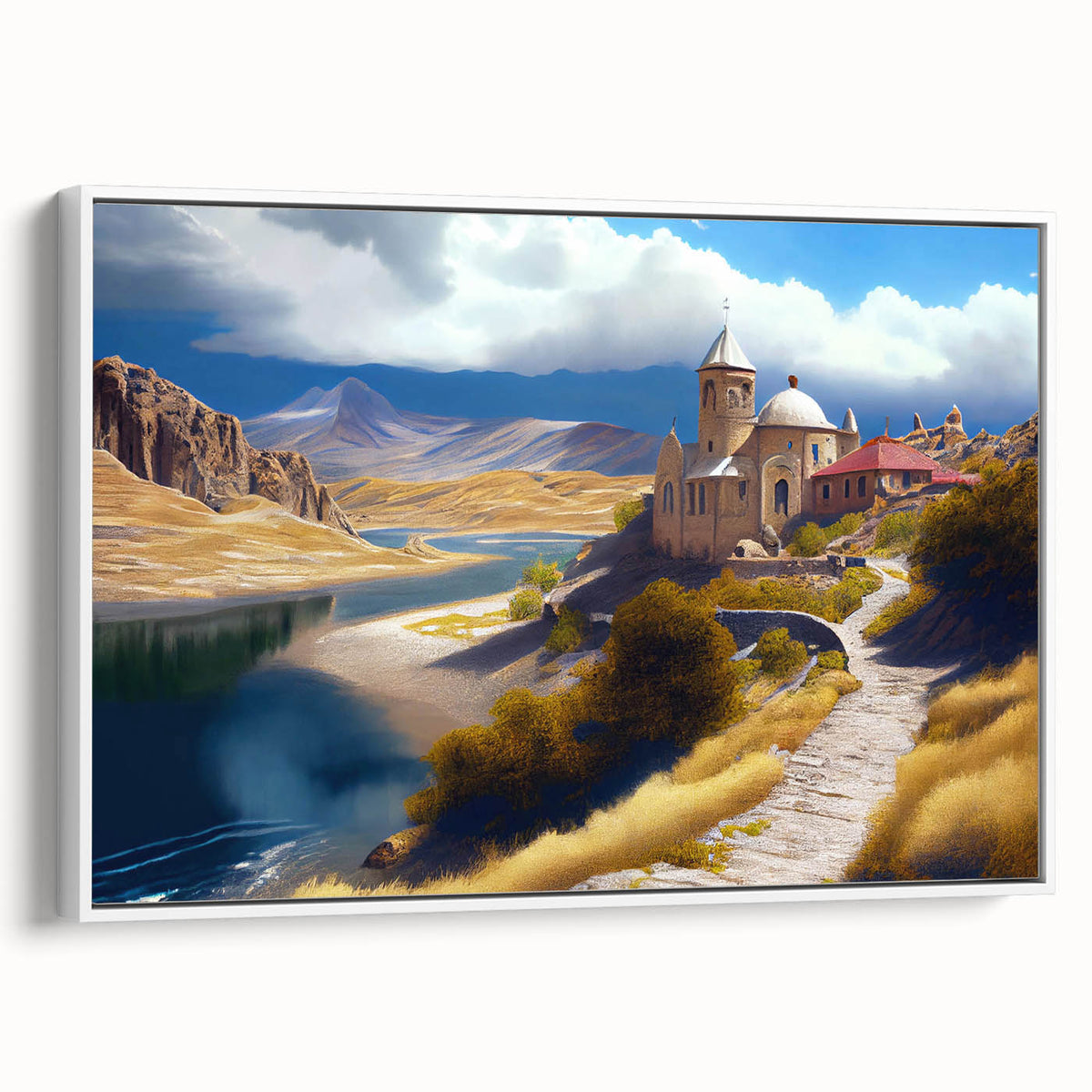 Vintage poster art of an Azerbaijani landscape on a white framed canvas, featuring colorful art in extra large size.