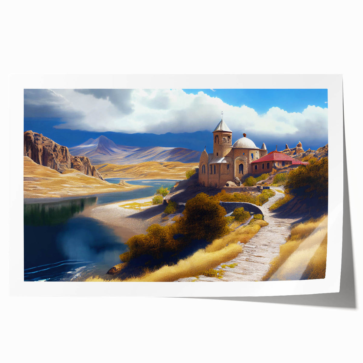 Extra large rolled print of Asian scenery with vibrant green and floral elements, ideal for art wall dining room.