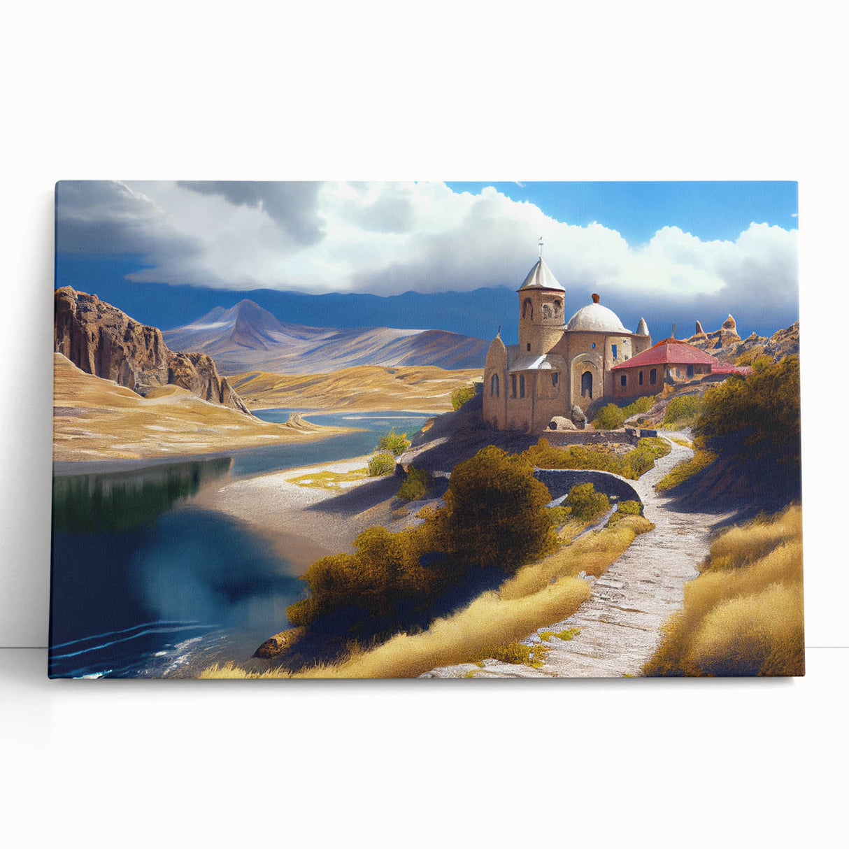 Large black and white stretched canvas of an Asian landscape, ideal for kitchen wall art or bedroom ambiance.