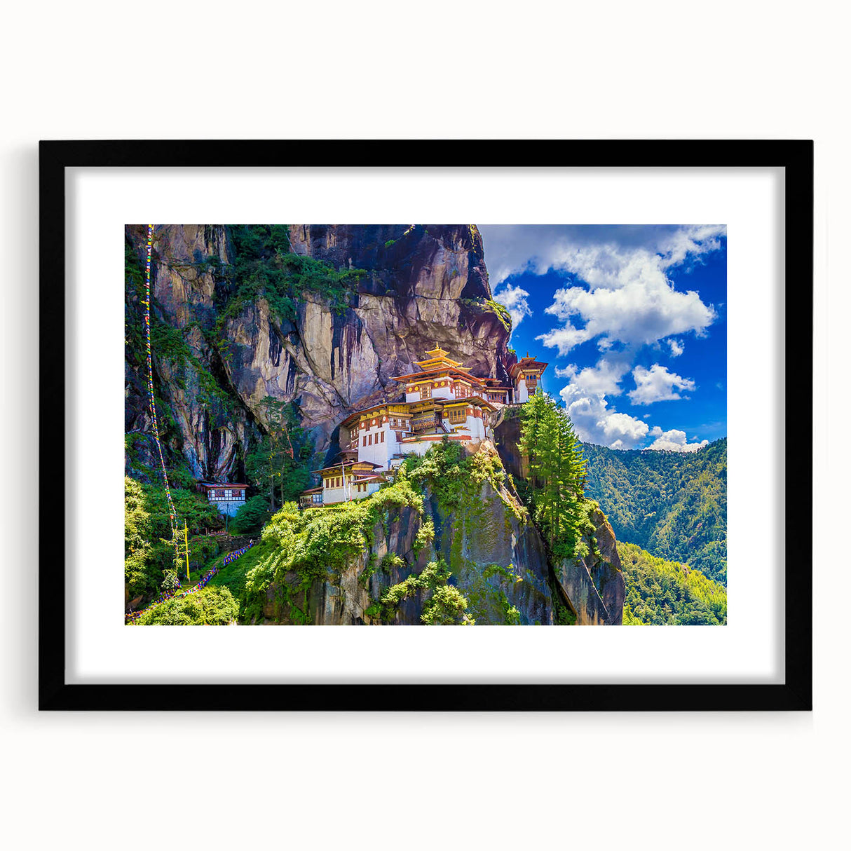 Colorful abstract art print of Asian scenery in Bhutan on a textured, extra large canvas, framed in black.