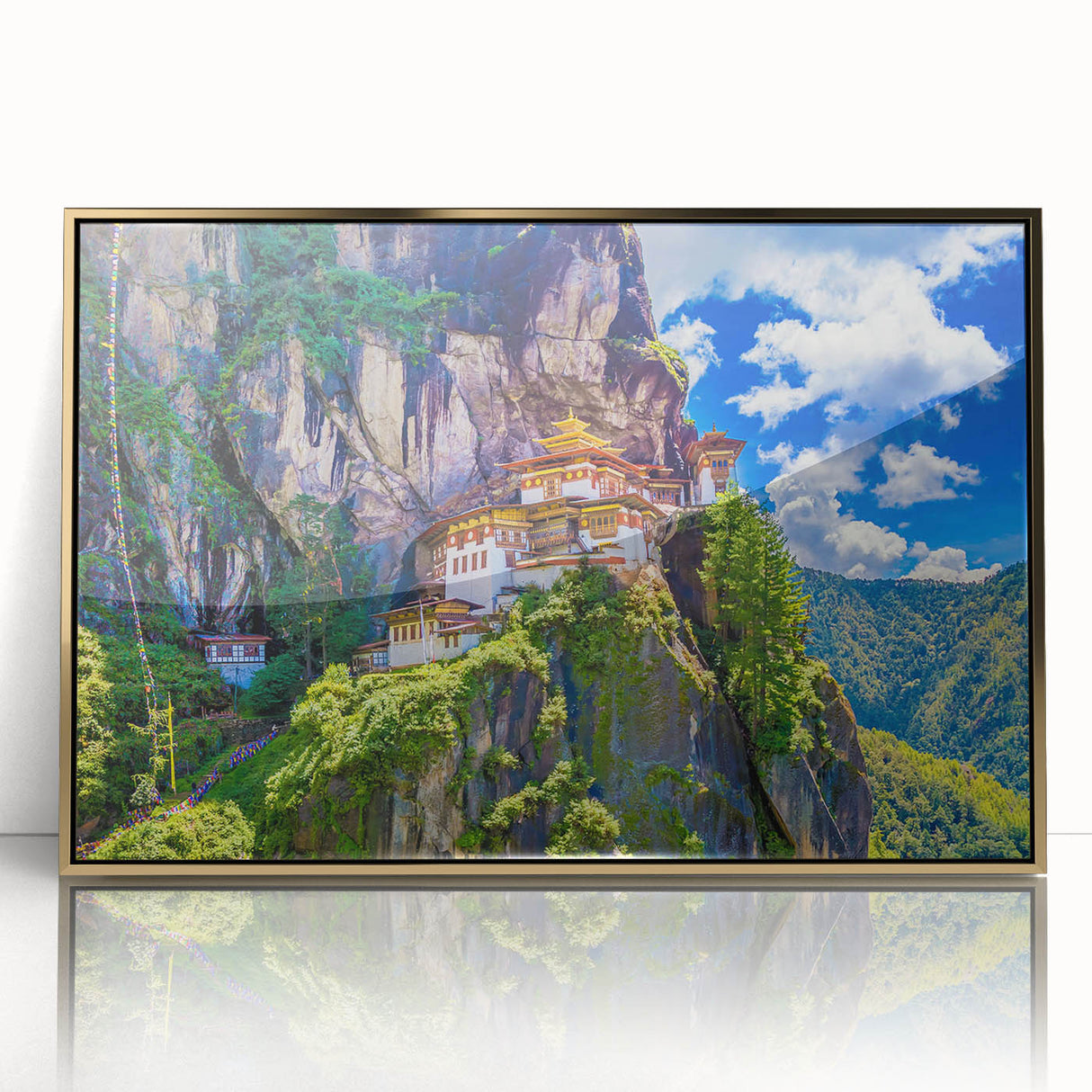 Mid-century modernist style large art print of a Bhutanese landscape in gold frame, acrylic, ideal for modern art wall decor.