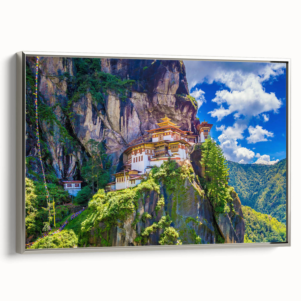 Landscape art painting of Bhutan scenery on silver-framed canvas, featuring muted earth tones, ideal for living room decor.