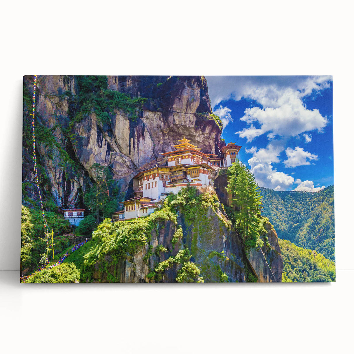 Black and white photo of Bhutanese landscape on stretched canvas, suitable for kitchen wall art or bedroom.