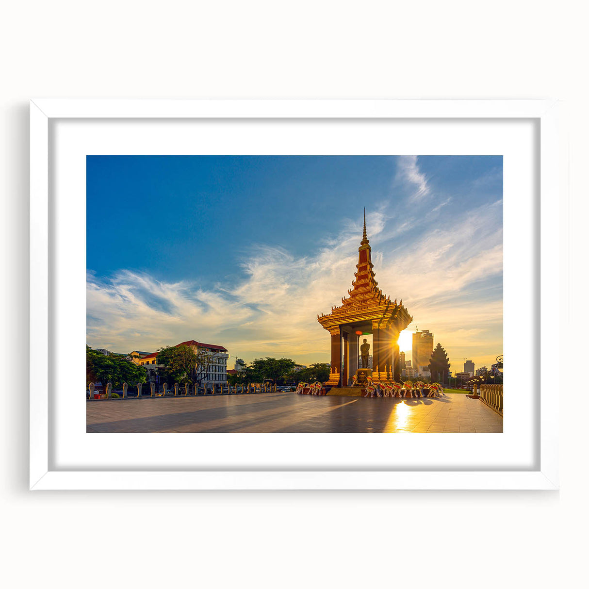 Abstract art print of a Cambodian landscape in muted earth tones on a framed white mat.