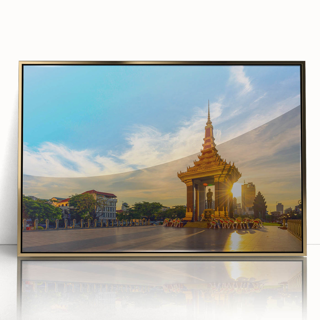 Framed acrylic print of a Cambodian landscape in gold tones, suitable for modern art wall decor.