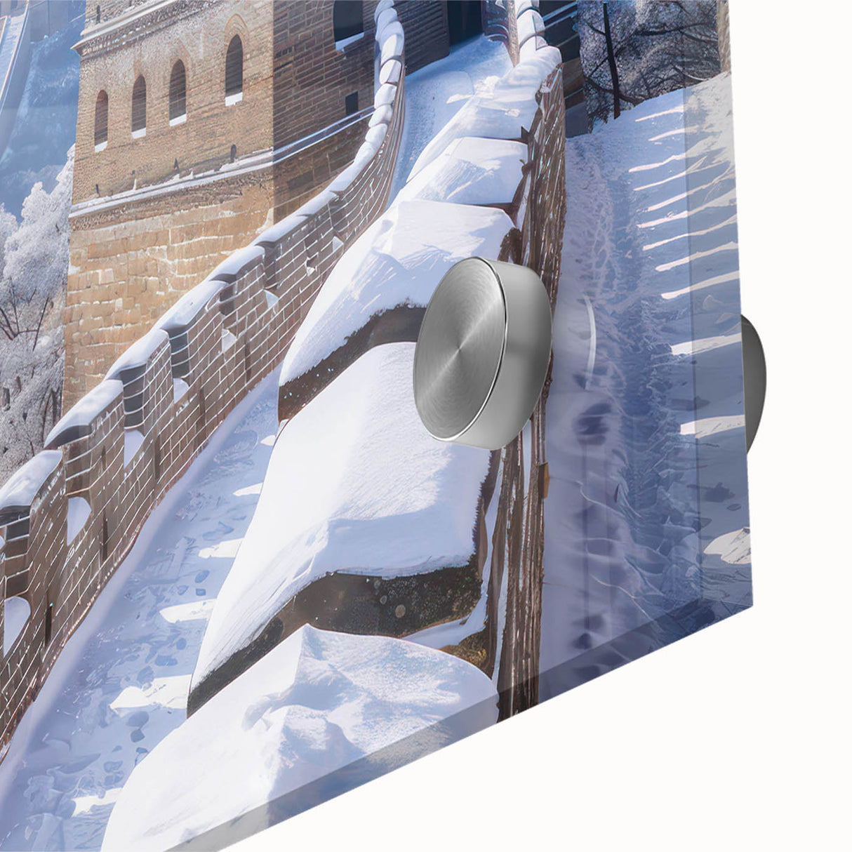 Acrylic print of the Great Wall of China in muted earth tones, ideal for dining room art in a mid-century modernist style.