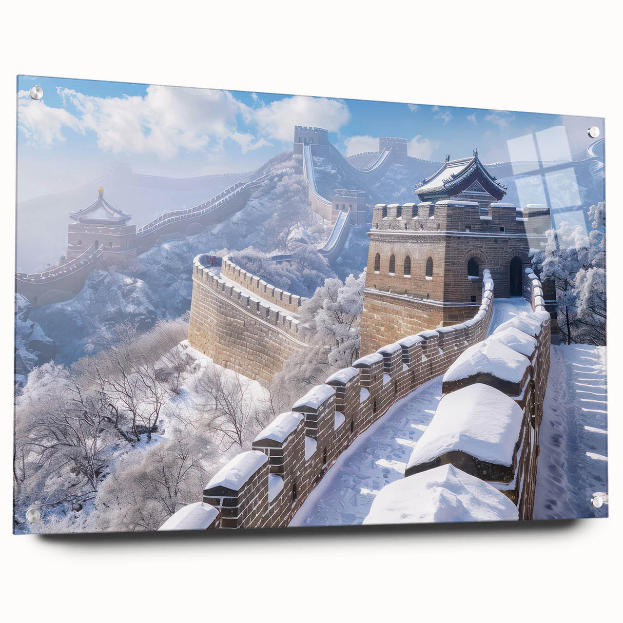 Acrylic print of the Great Wall of China in muted earth tones, suitable for bedroom or dining room decor.