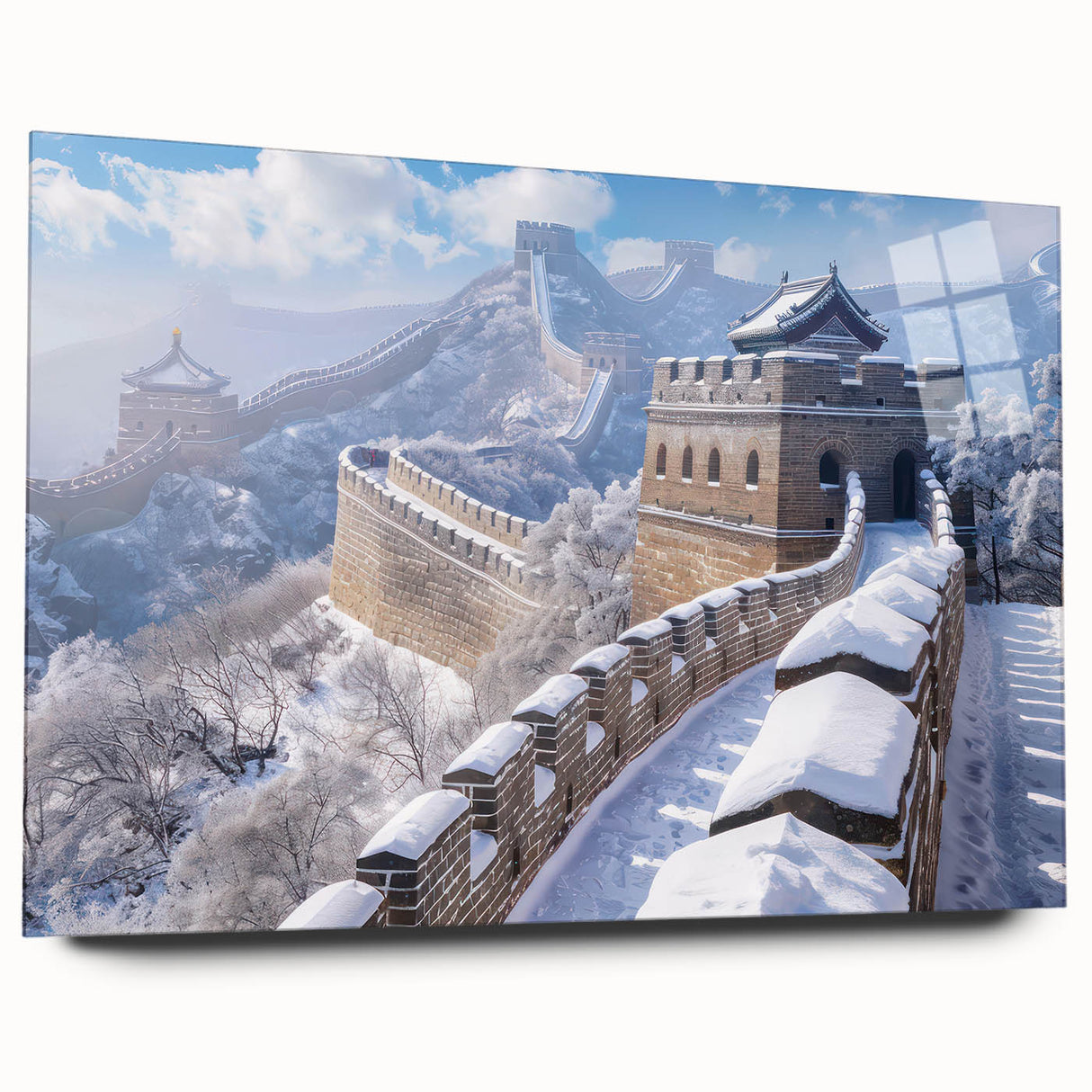 Acrylic print of the Great Wall of China in muted earth tones, ideal for bedroom or dining room art.