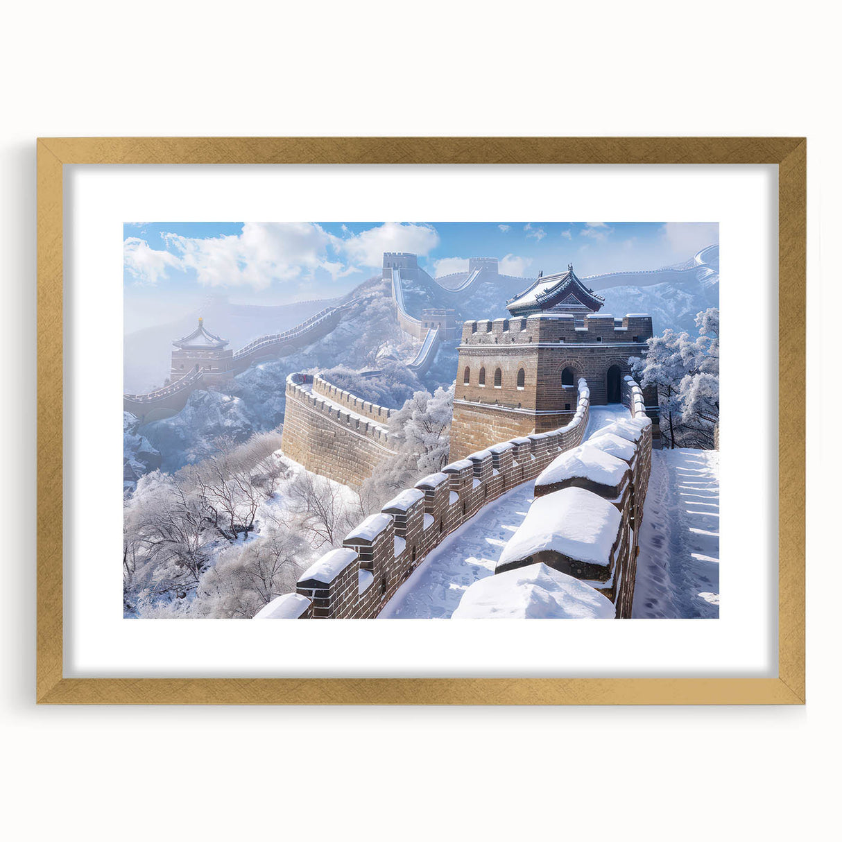 Extra large wall art featuring an abstract print of the Great Wall of China in textured gold and brown tones.