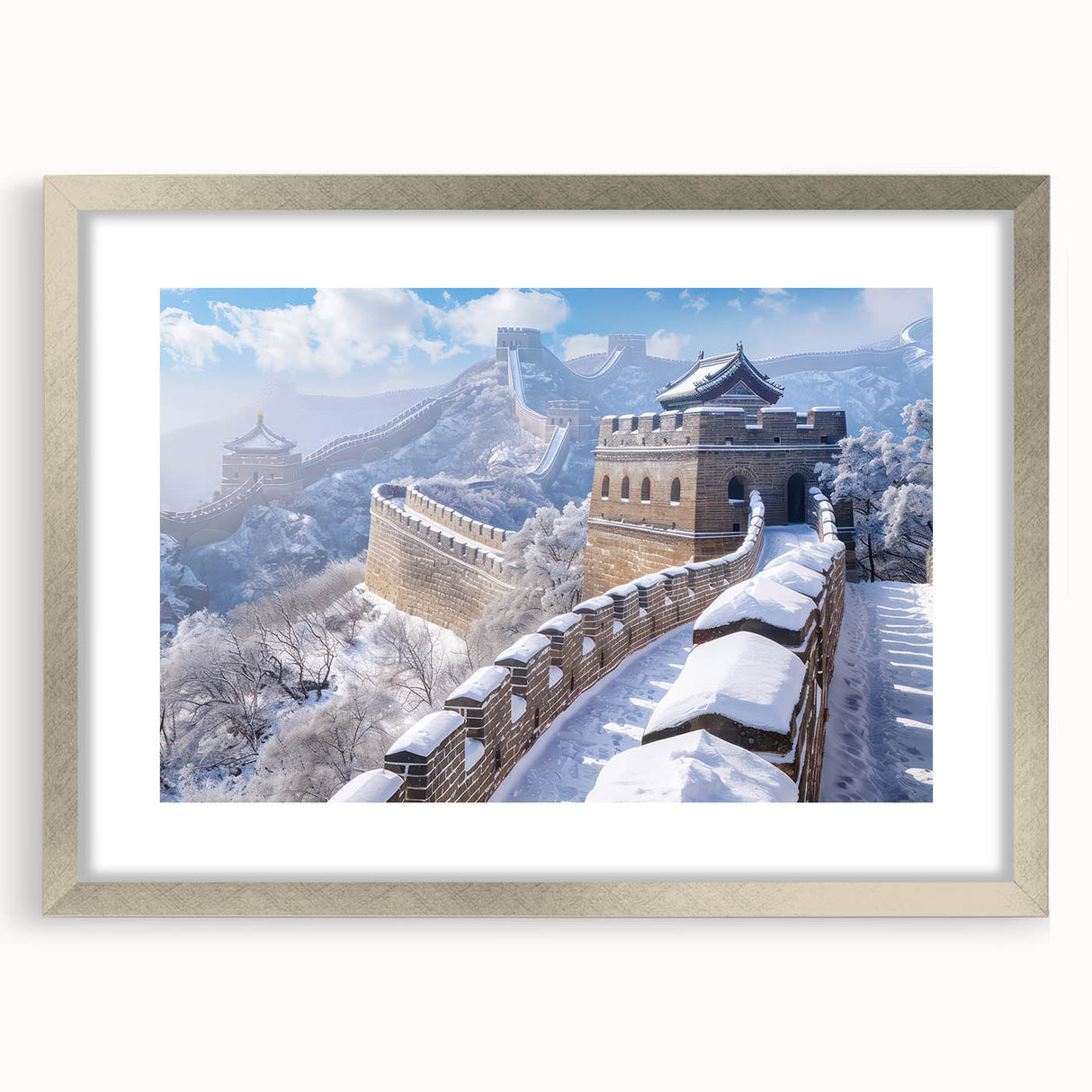 Textured art print of the Great Wall of China in abstract style, featuring muted earth tones on a framed silver mat.