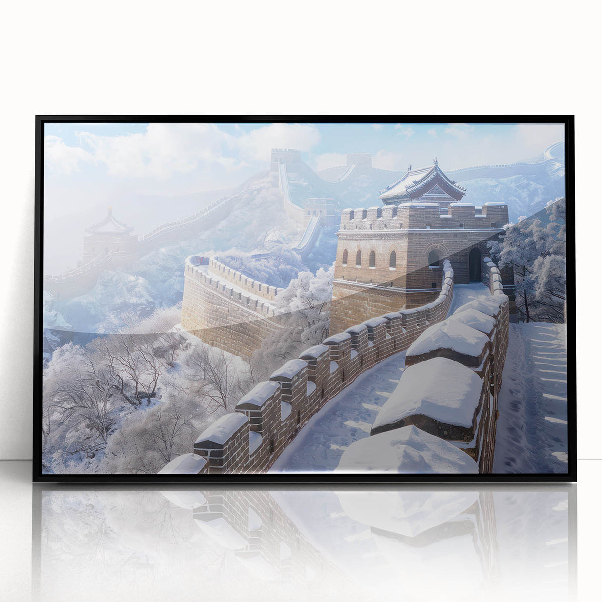 Framed acrylic print of the Great Wall of China in muted earth tones, ideal for modern art wall decor.