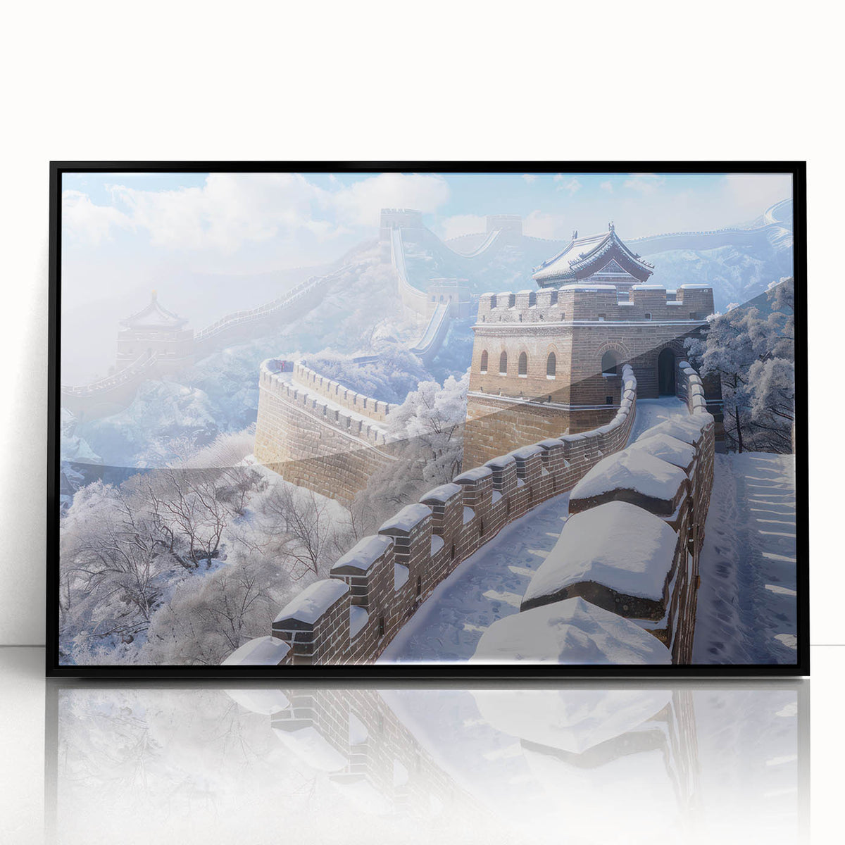 Framed acrylic print of the Great Wall of China in muted earth tones, ideal for modern art wall decor.