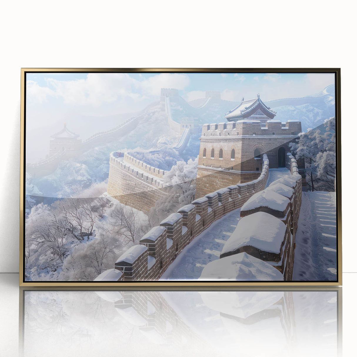 Acrylic print of the Great Wall of China in muted earth tones, framed in gold, ideal for modern art wall decor.