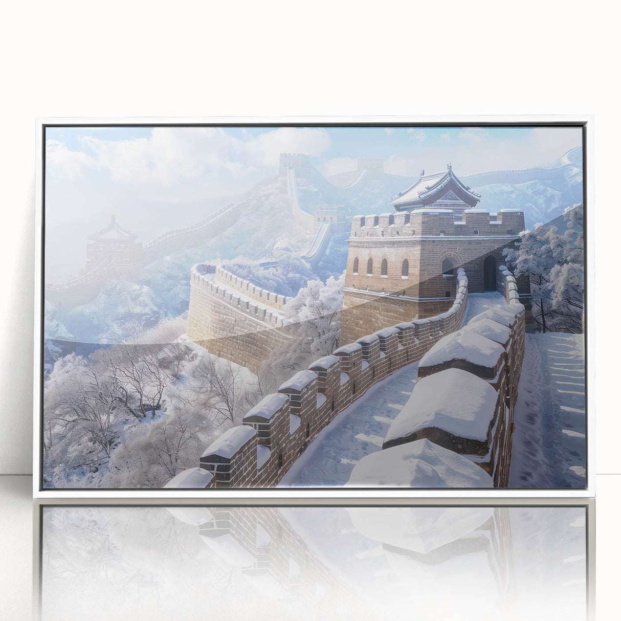 Acrylic print of the Great Wall of China in muted earth tones, framed in white, suitable for modern art wall decor.