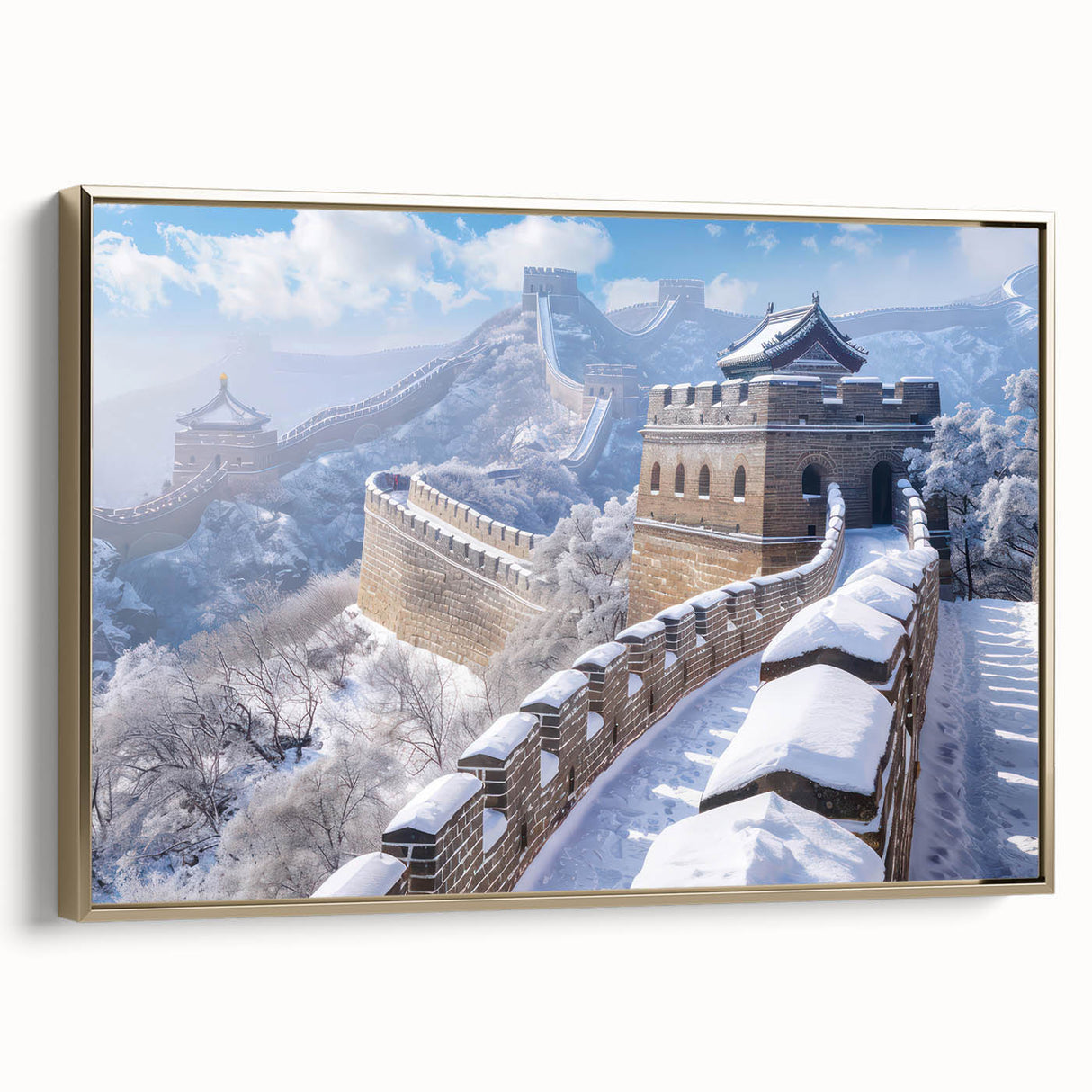 Framed canvas of the Great Wall of China in black and gold tones, ideal for bedroom wall art.