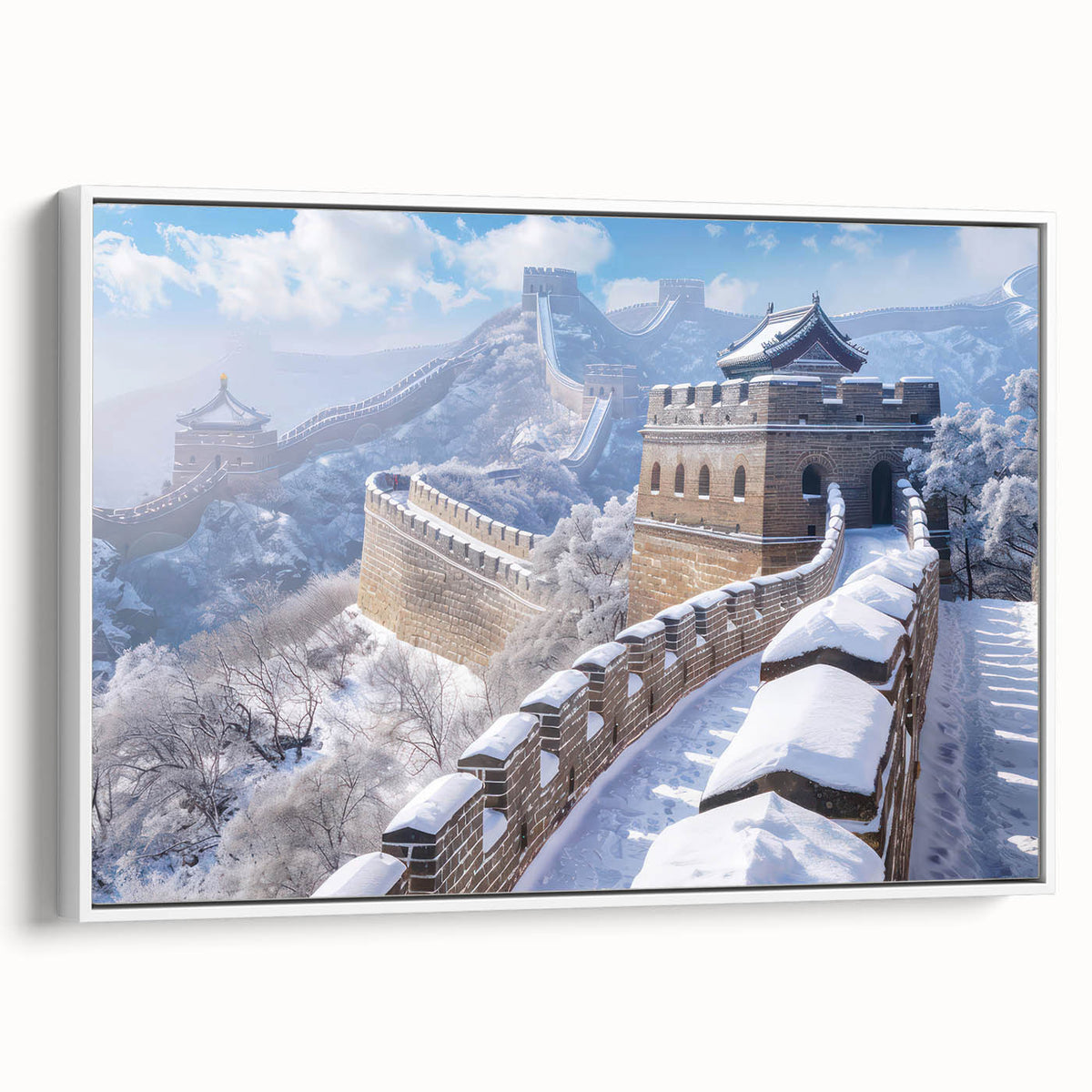 Vintage poster art of the Great Wall of China in muted earth tones on a framed canvas, suitable for living room decor.