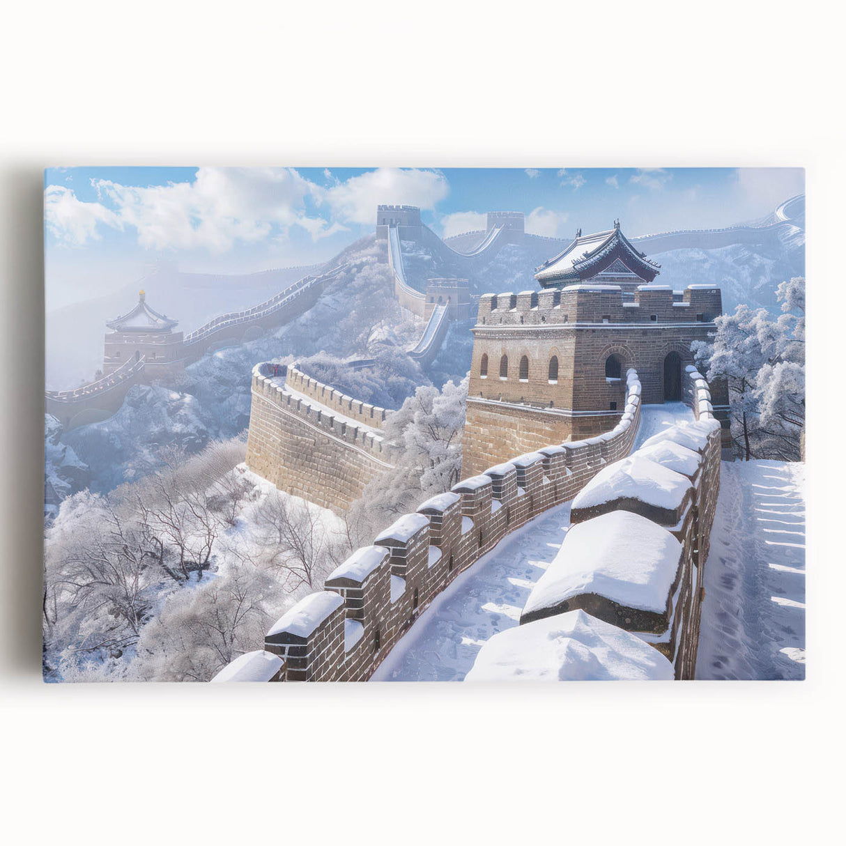 Black and white large art print of the Great Wall of China on stretched canvas, ideal for kitchen wall art.