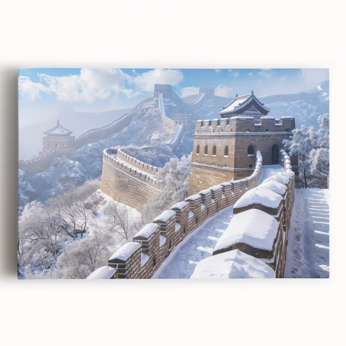 Black and white large art print of the Great Wall of China on stretched canvas, ideal for kitchen wall art.