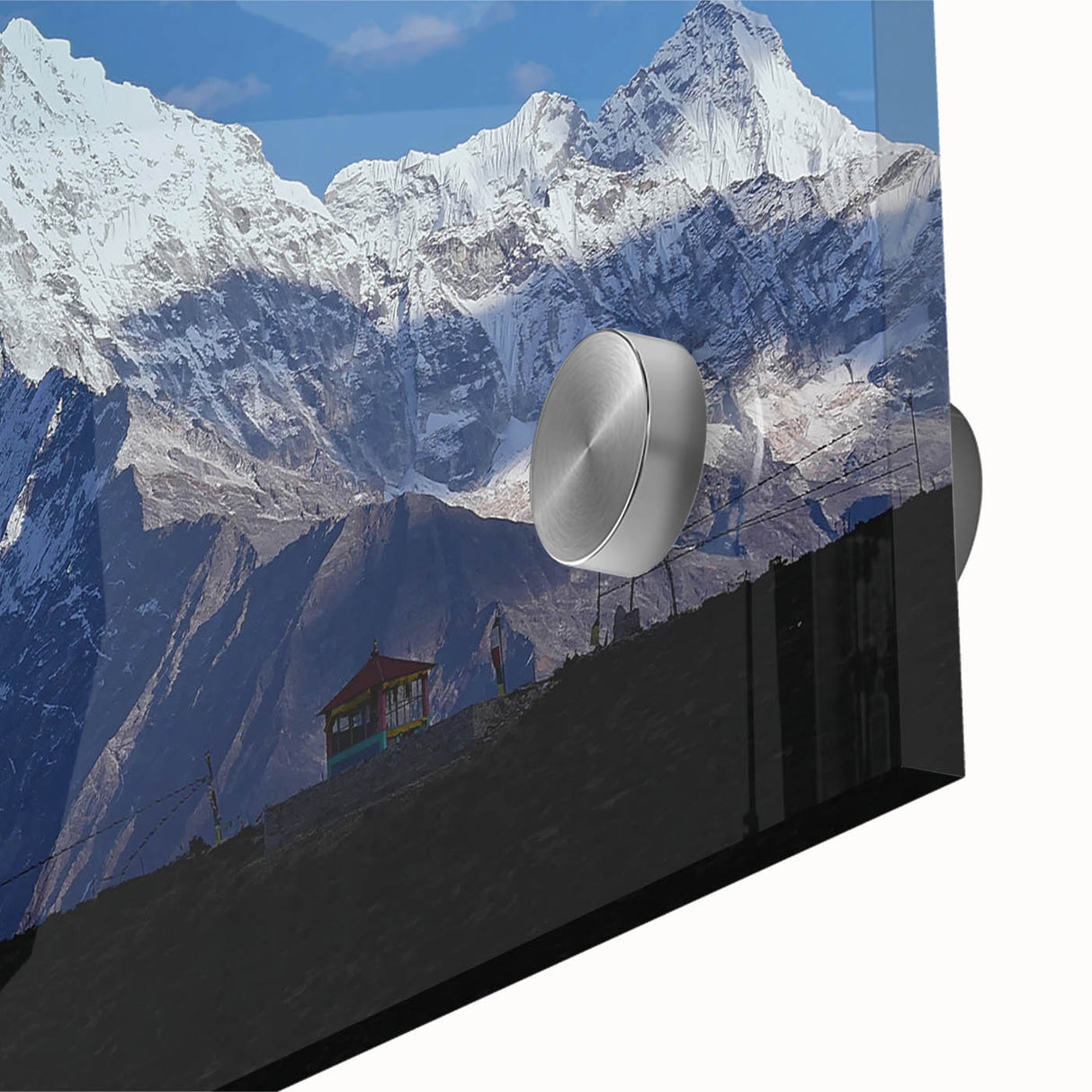 Large abstract wall art of a Nepalese landscape in muted earth tones on acrylic glass, suitable for dining room ambiance.