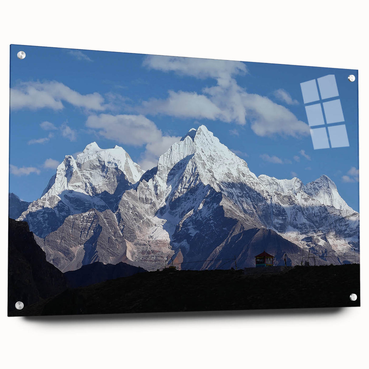 Large abstract wall art of a Nepalese landscape in muted earth tones on acrylic glass.