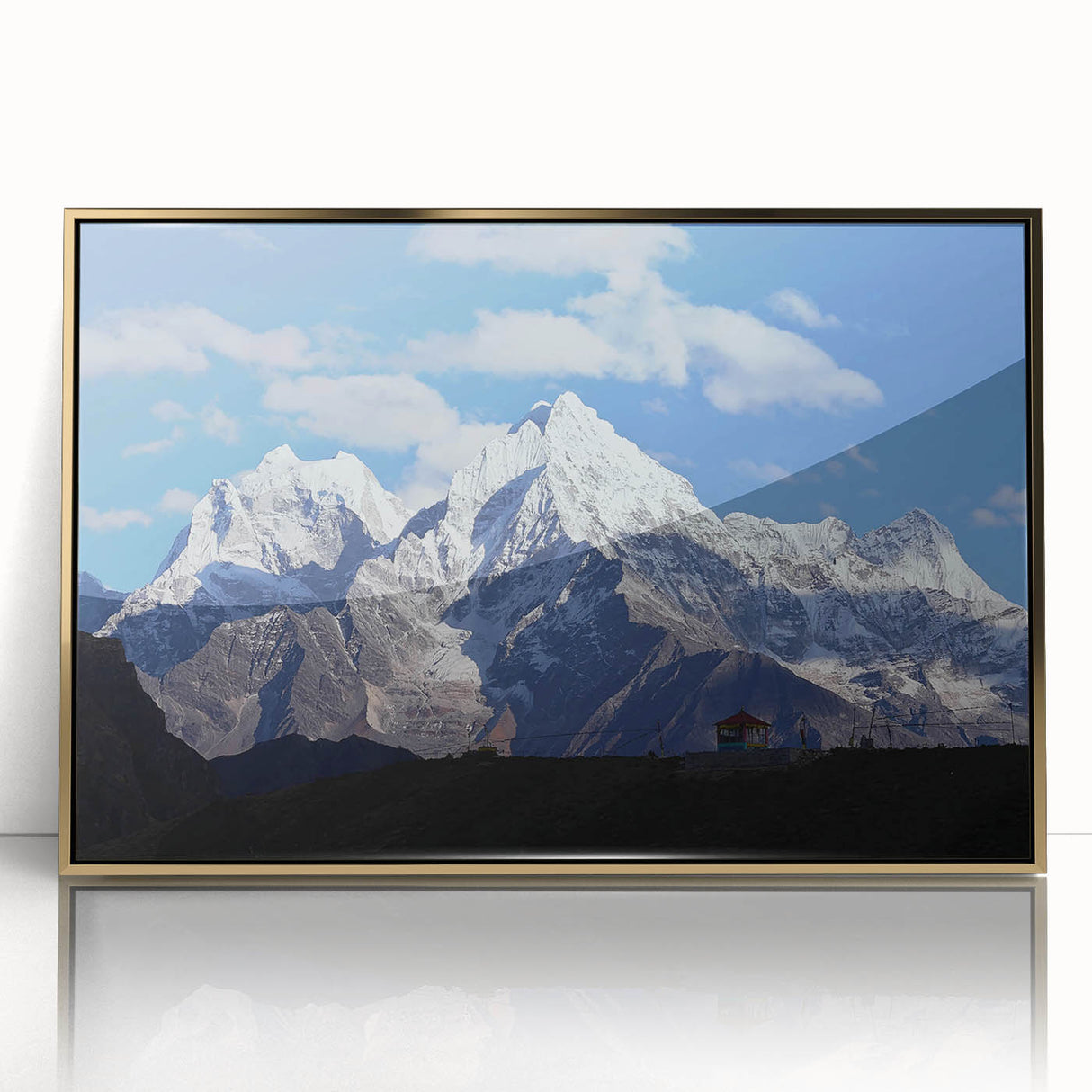 Large art print of a scenic Nepalese landscape in muted earth tones on a framed acrylic, suitable for modern art wall decor.