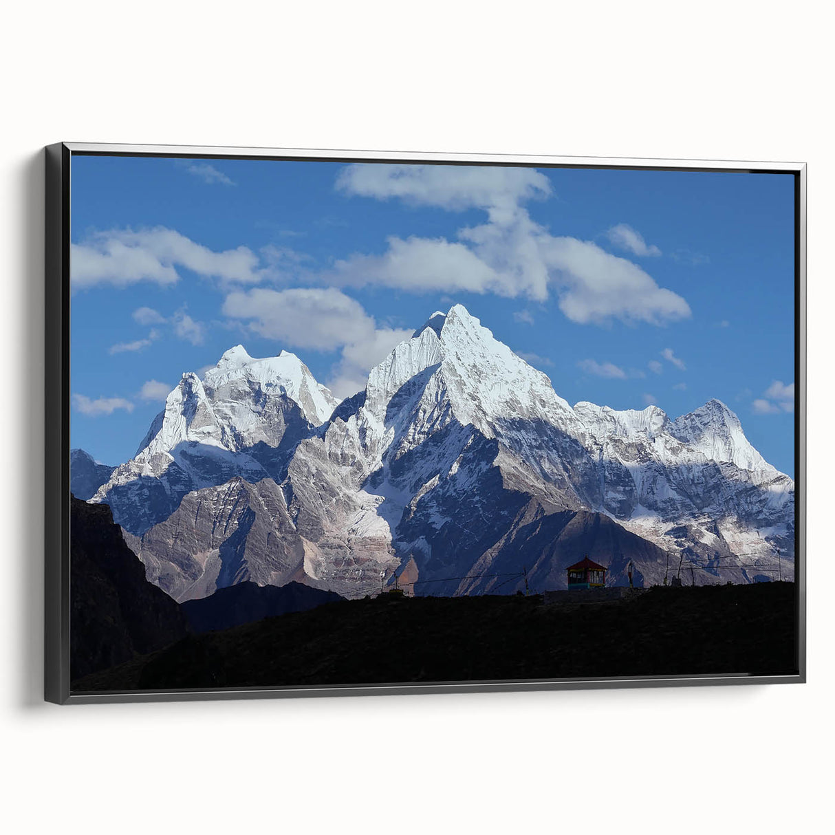 Black and white landscape art painting of a Nepalese scenery on framed canvas, ideal for bedroom wall decor.