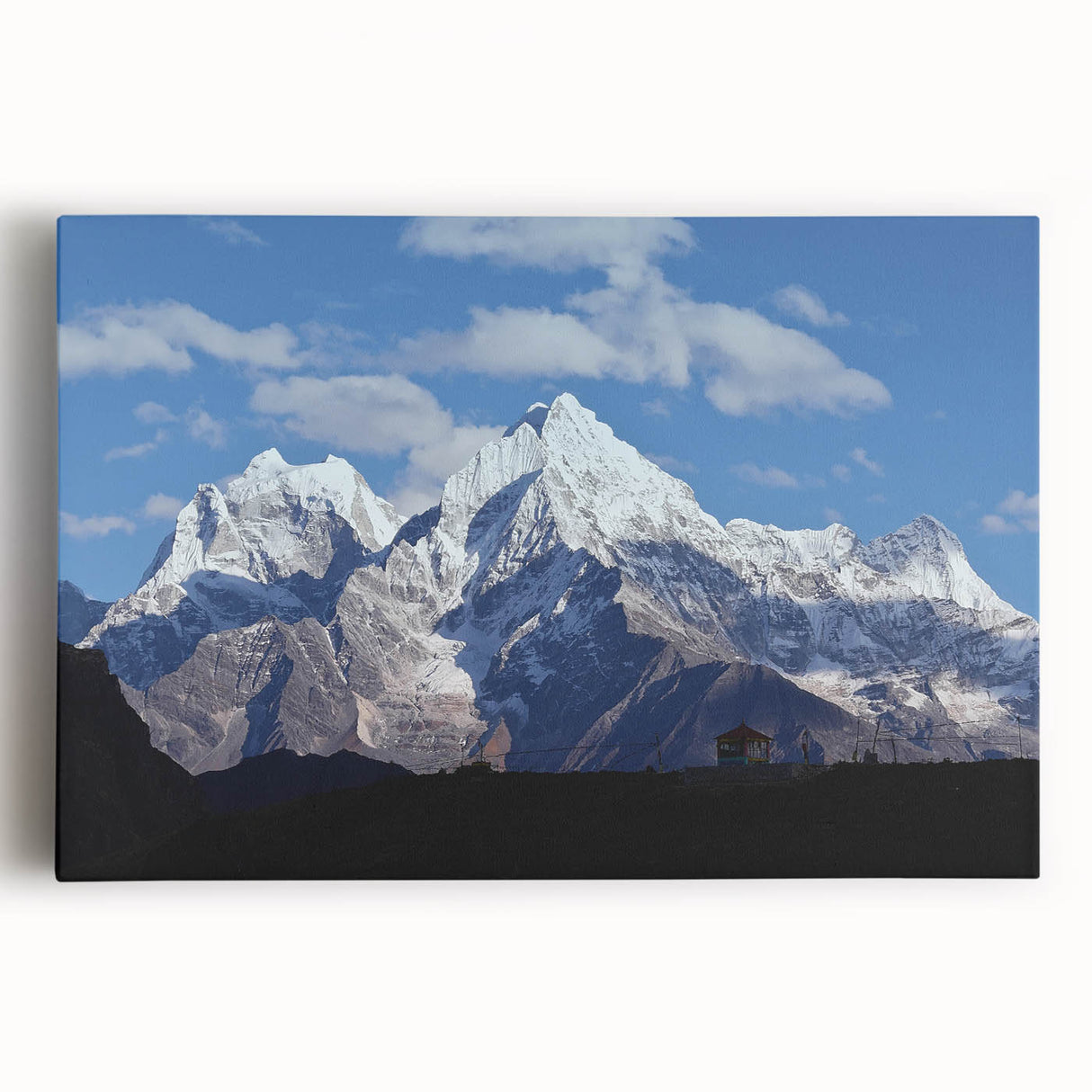 Large black and white stretched canvas of a scenic Nepalese landscape, ideal for kitchen wall art.