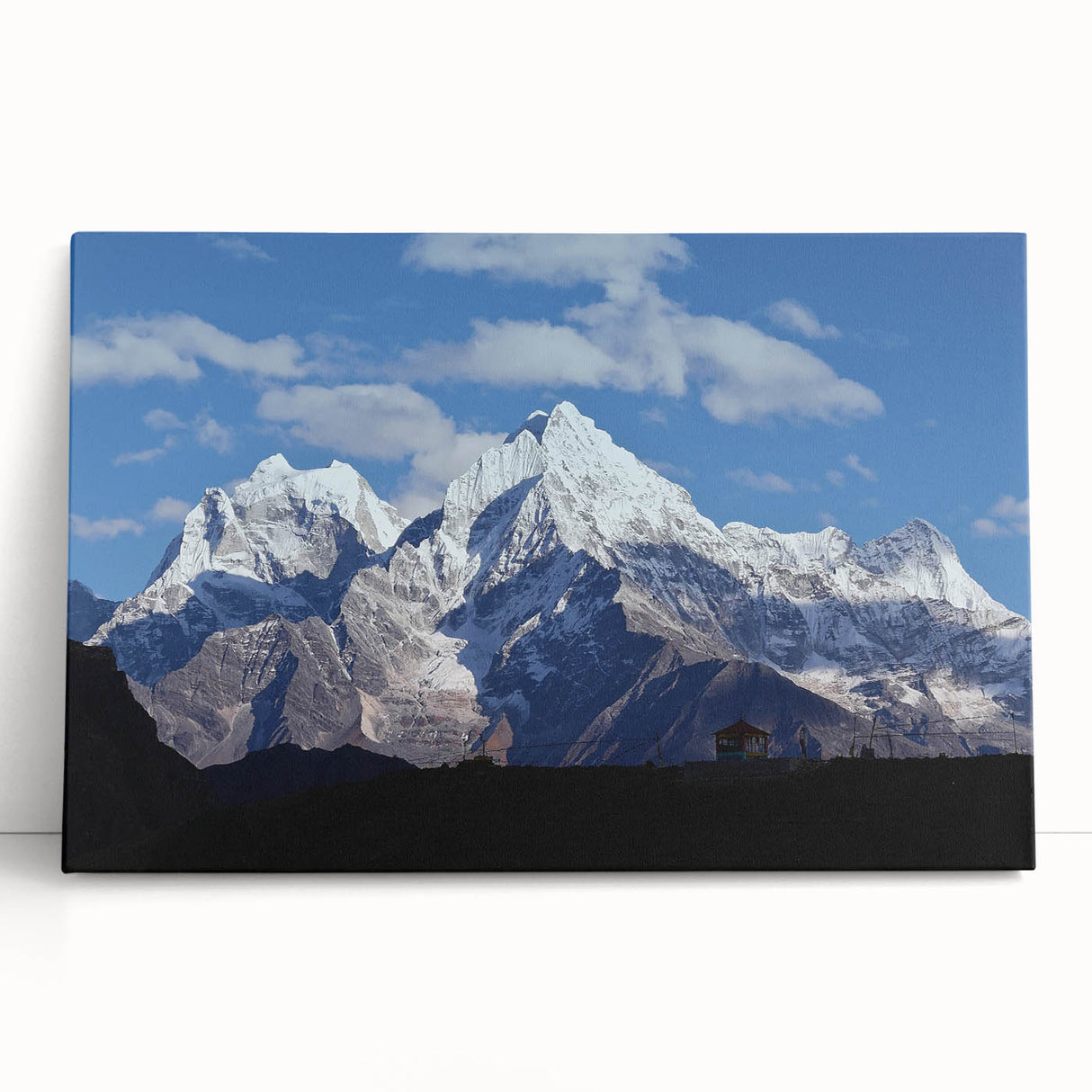 Black and white stretched canvas depicting a serene Nepalese landscape, ideal for kitchen wall art or bedroom ambiance.
