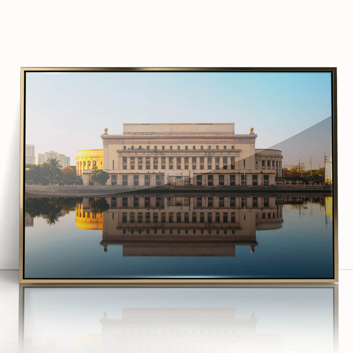 Framed acrylic print of a Philippine scenery in mid-century modernist style, with vibrant green and blue tones.