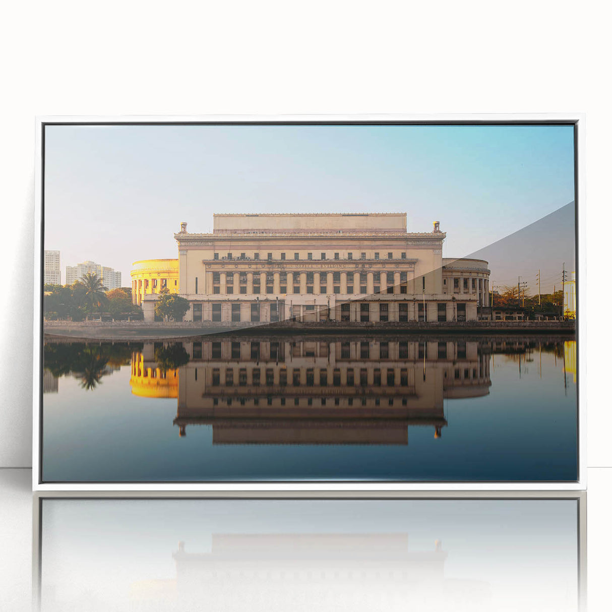 Acrylic print of a serene Philippine landscape in muted greens and blues, framed in white.