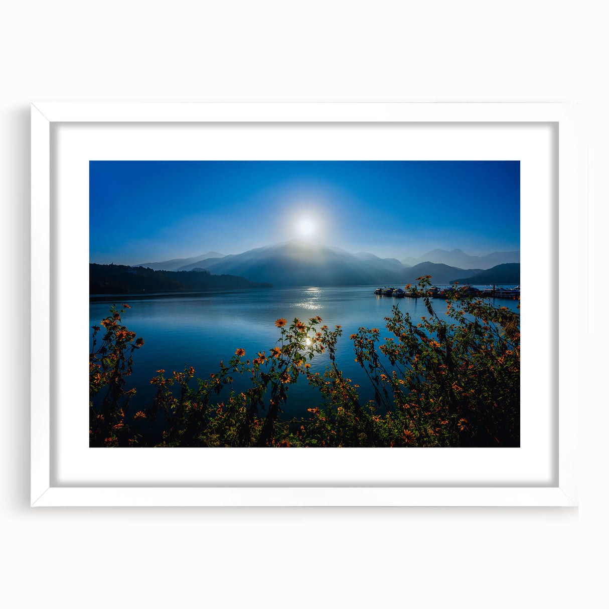 Abstract art print depicting a serene Taiwanese landscape in muted earth tones on a framed white mat.