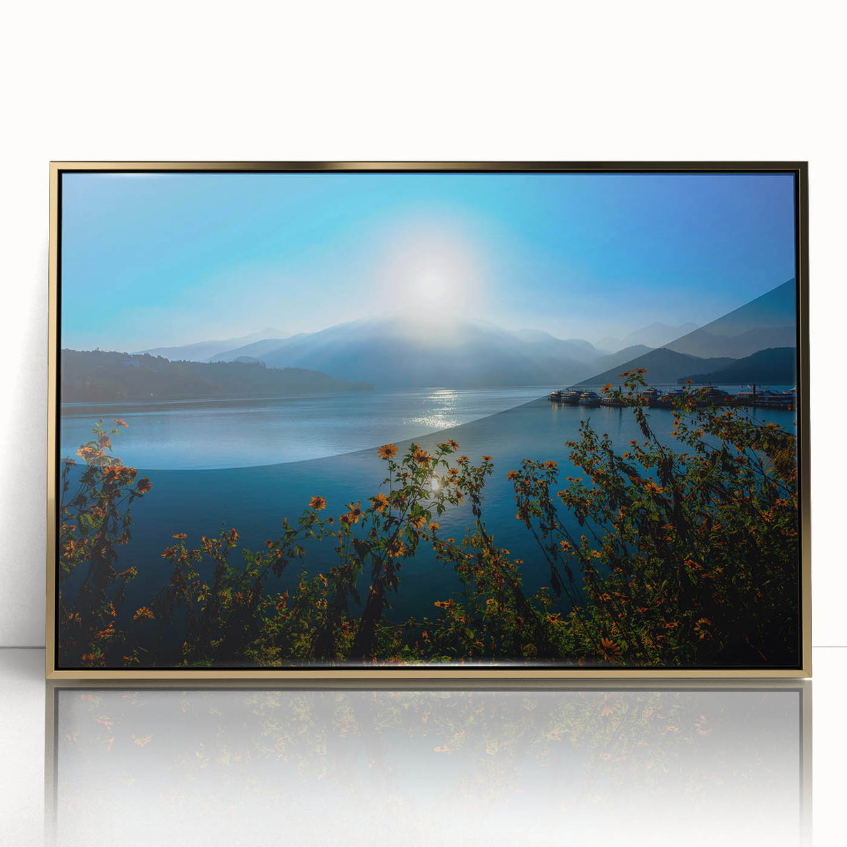 Acrylic print of a mid-century modernist Taiwan scenery in gold tones, ideal for modern art wall decor.