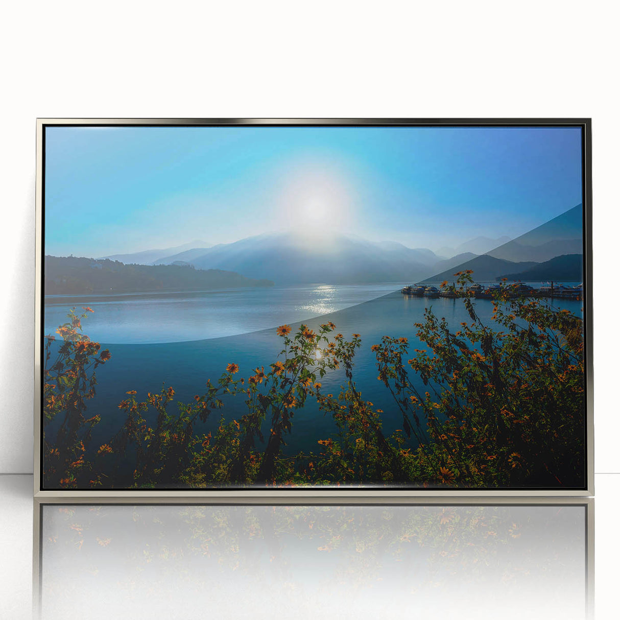 Mid-century modernist art of a Taiwan landscape in muted earth tones on a framed acrylic print.