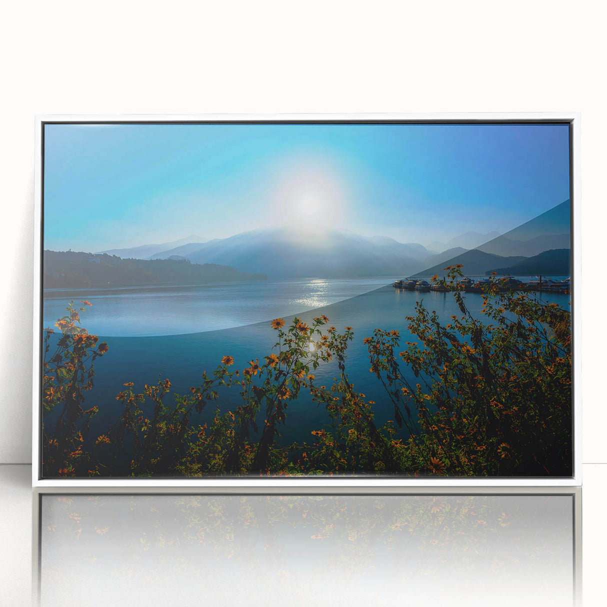 Art deco poster of a Taiwan scenery in muted gray and blue tones, acrylic print in a white frame.