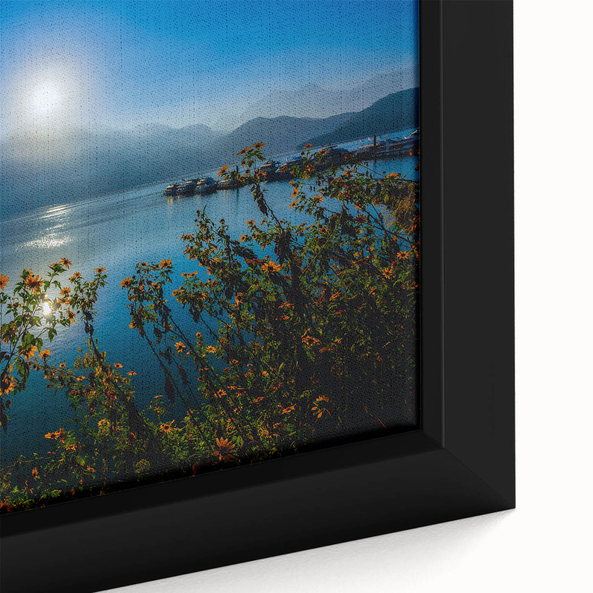 Extra large framed canvas featuring a textured black base with colorful, abstract scenery of Taiwan.